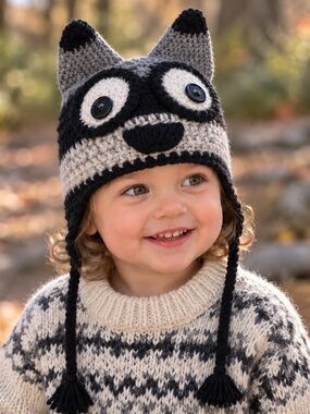Handmade Crochet Raccoon Earflap Hat for Kids | Grey Black White